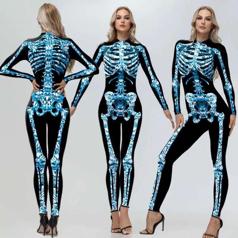 Women's Scary Halloween Skeleton Jumpsuit Cosplay Costume for Adults