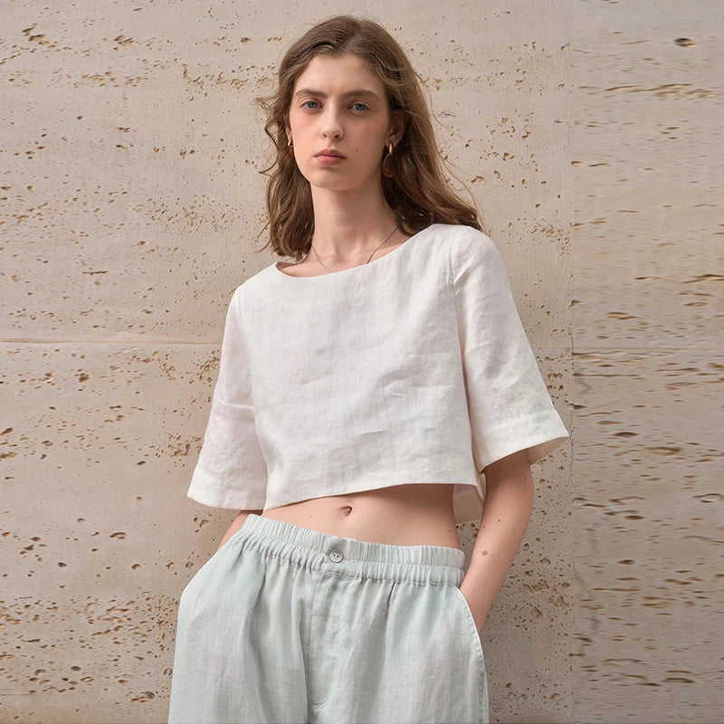 Top cropped feminino — 100% linho — corte largo e boxy — para o dia a dia