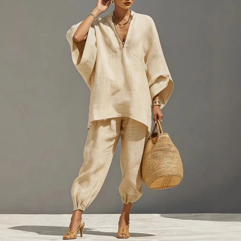 Ensemble pantalon pour femme - haut à encolure en V - vêtement de détente
