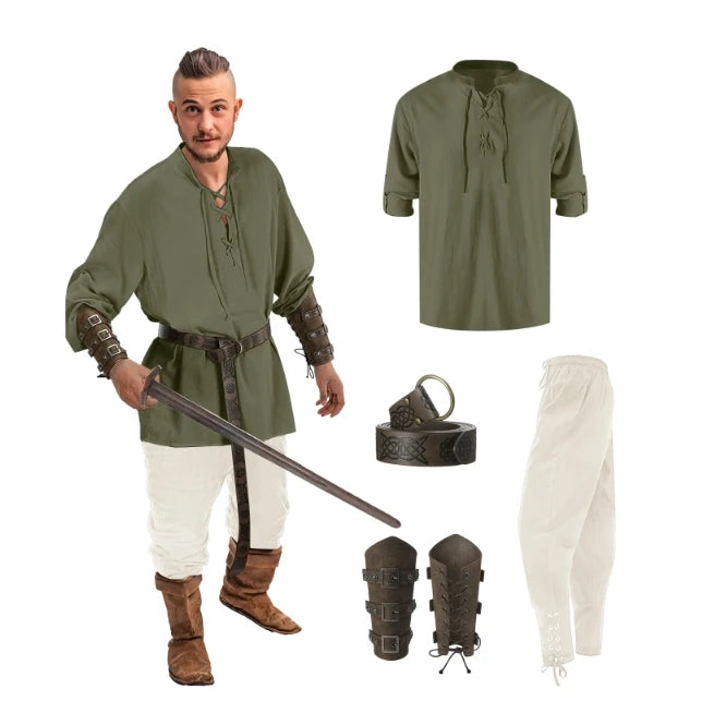 Pánský set košile a kalhot v medievalním stylu na Halloween cosplay s vikingským opaskem