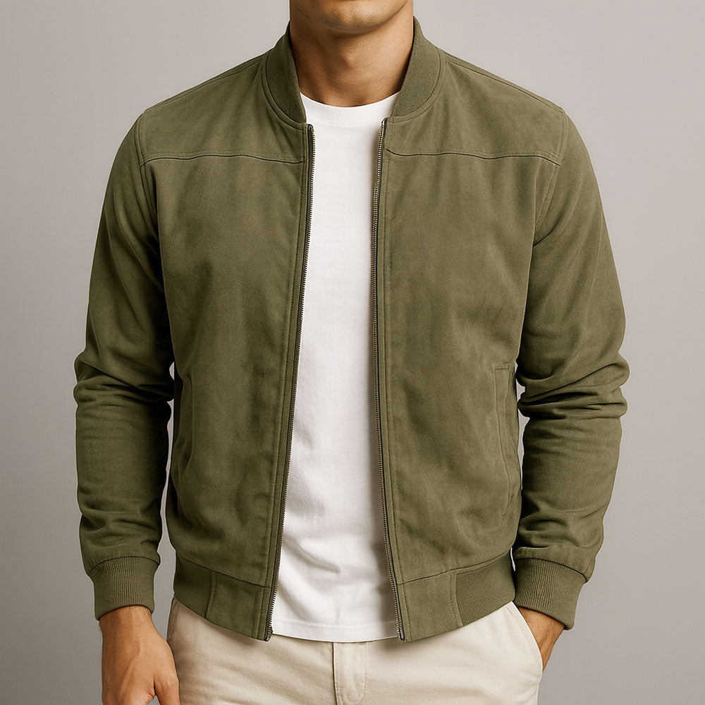 Blouson en suédine pour homme avec fermeture zippée et col montant classique
