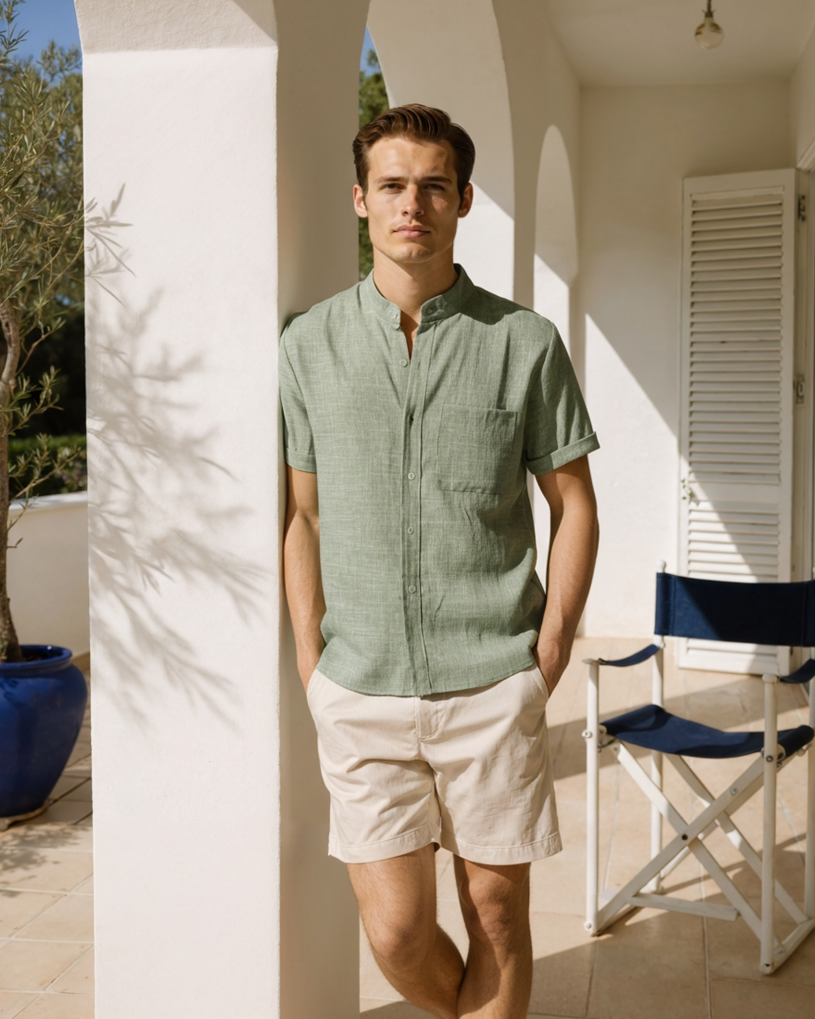 Chemise à Col Mandarin en Mélange de Coton pour Homme avec Manches Courtes