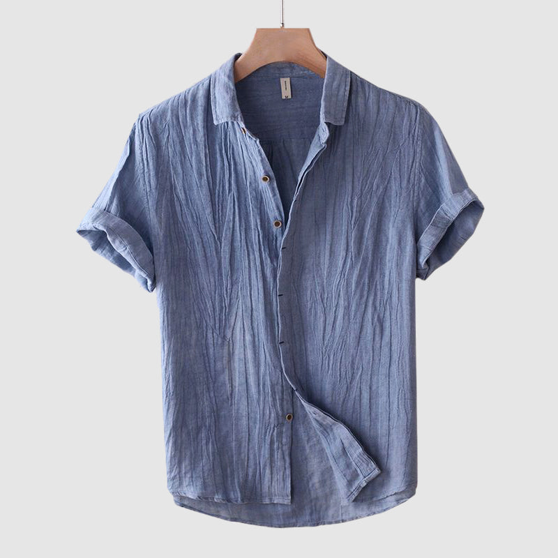 Chemise en Lin à Manches Courtes avec Col Rabattu et Boutonnage Simple pour Homme