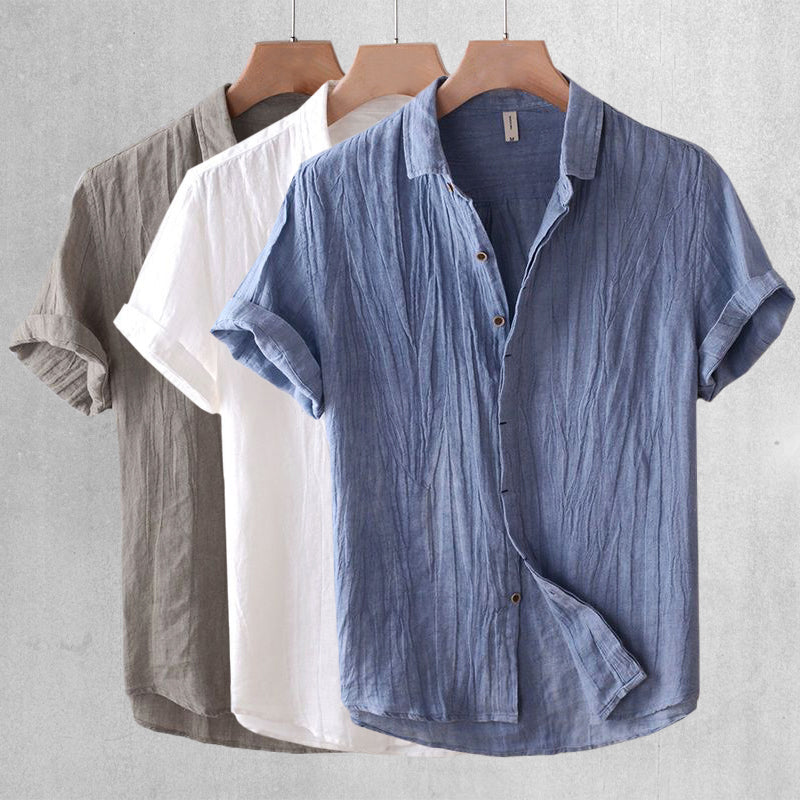 Chemise en Lin à Manches Courtes avec Col Rabattu et Boutonnage Simple pour Homme