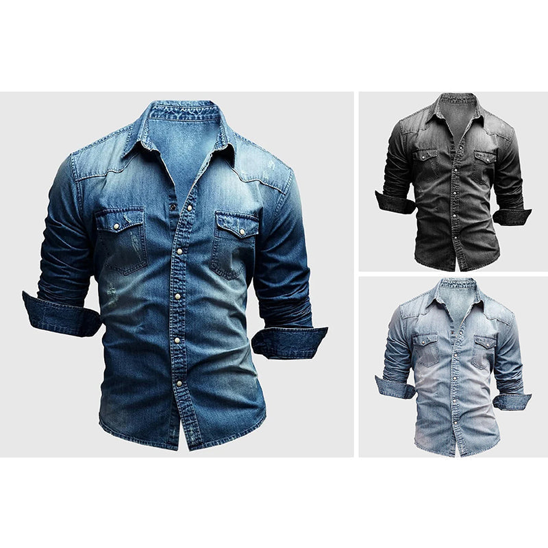 Chemise en Jean de Coton à Manches Longues et Coupe Ajustée pour Homme