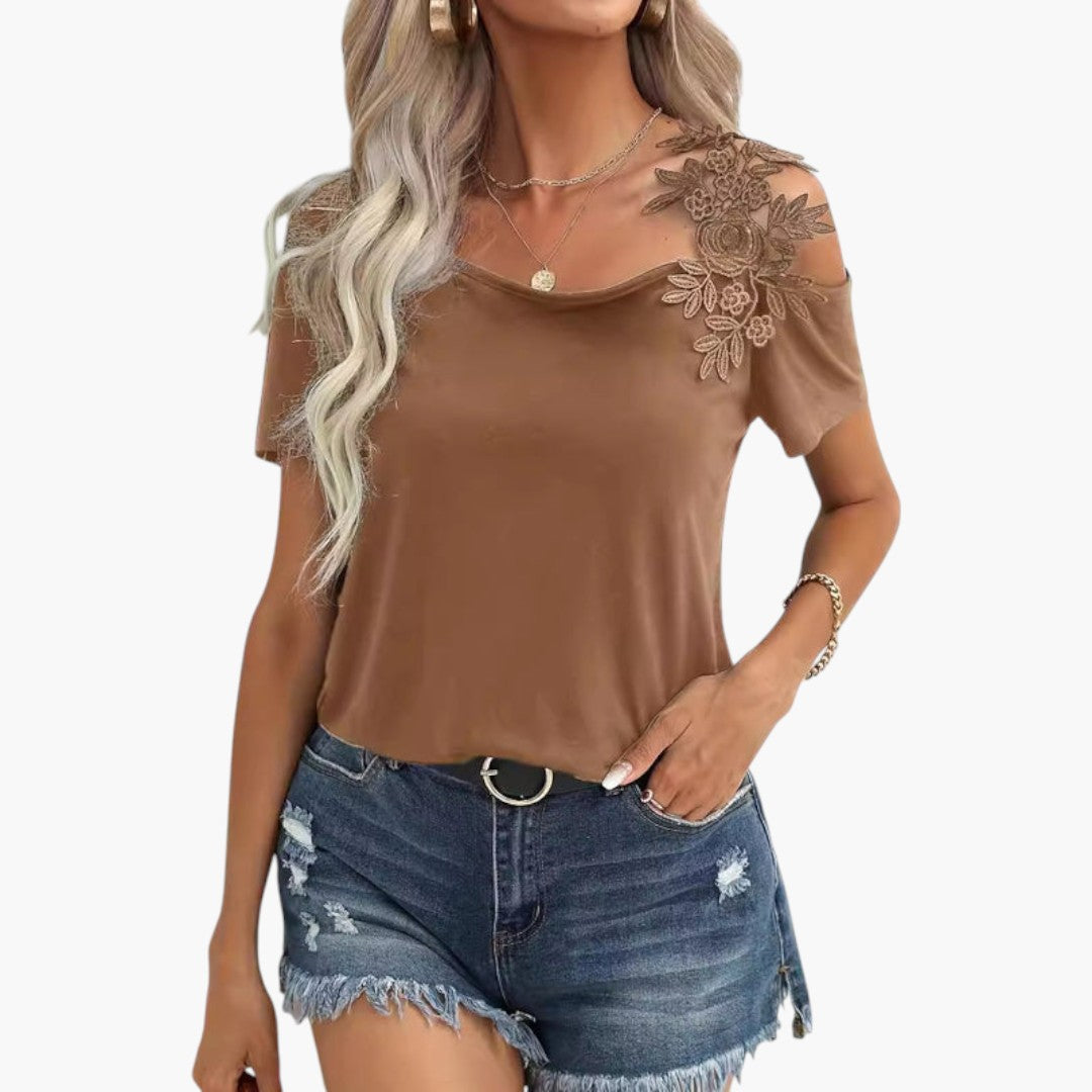 T-shirt Femme à Encolure Large avec Applique Florale en Dentelle et Manches Courtes