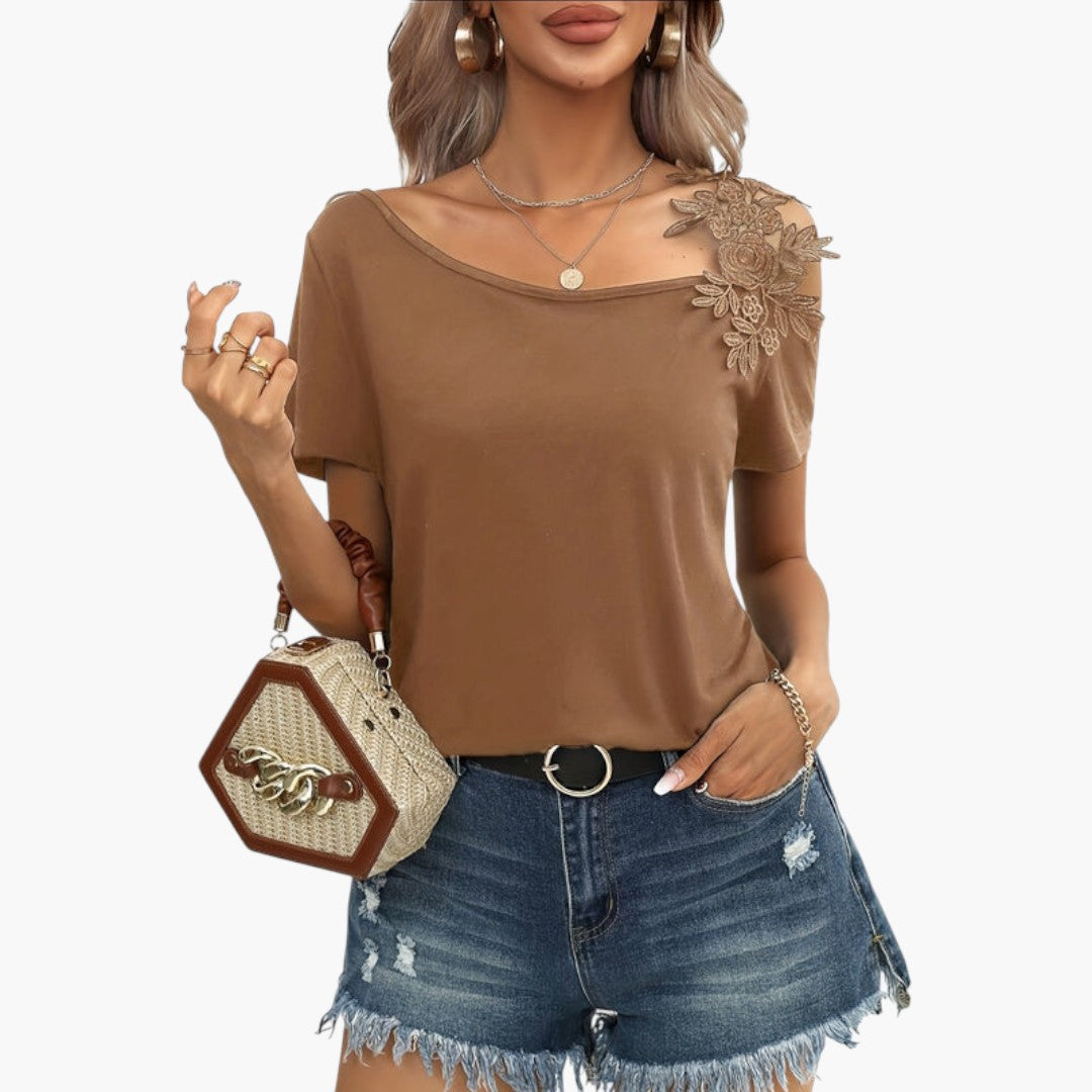 T-shirt Femme à Encolure Large avec Applique Florale en Dentelle et Manches Courtes