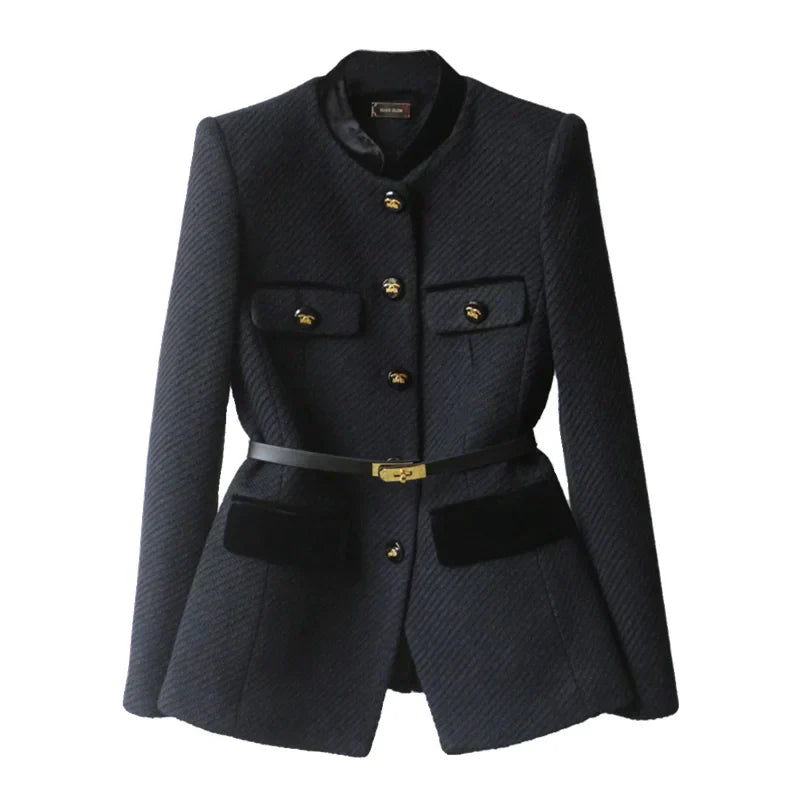 Blazer Cintrée à Col Rond avec Boutons Dorés et Ceinture pour Femme