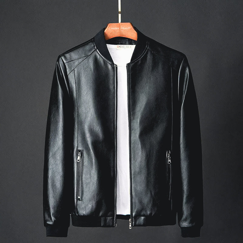 Giacca Bomber in Pelle PU da Uomo Taglio Slim con Cerniera e Collo Baseball