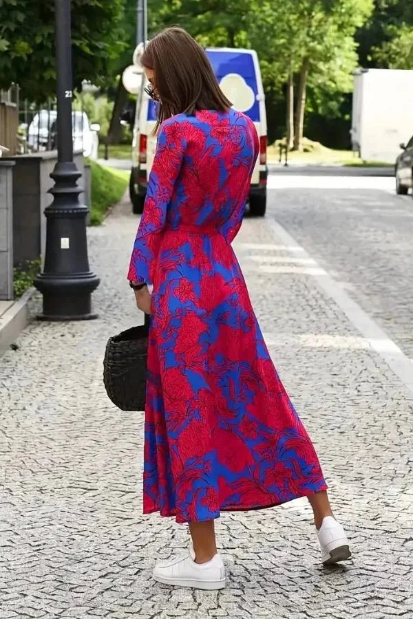 Robe Midi à Col en V avec Taille Haute Lacée et Fente Latérale