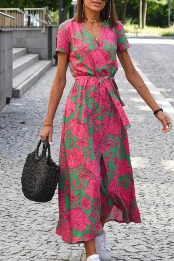 Robe Midi à Col en V avec Taille Haute Lacée et Fente Latérale