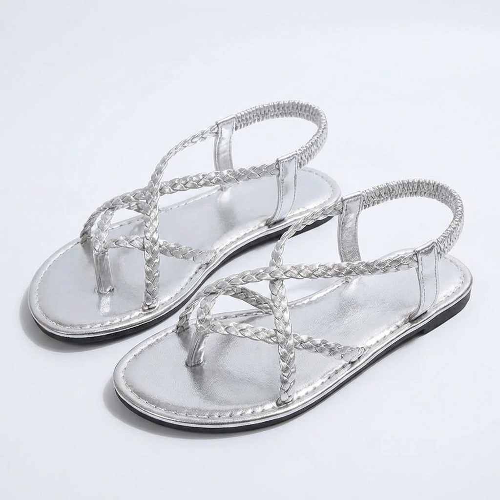 Sandales Plates à Brides Tressées et Entre-doigt pour Femme