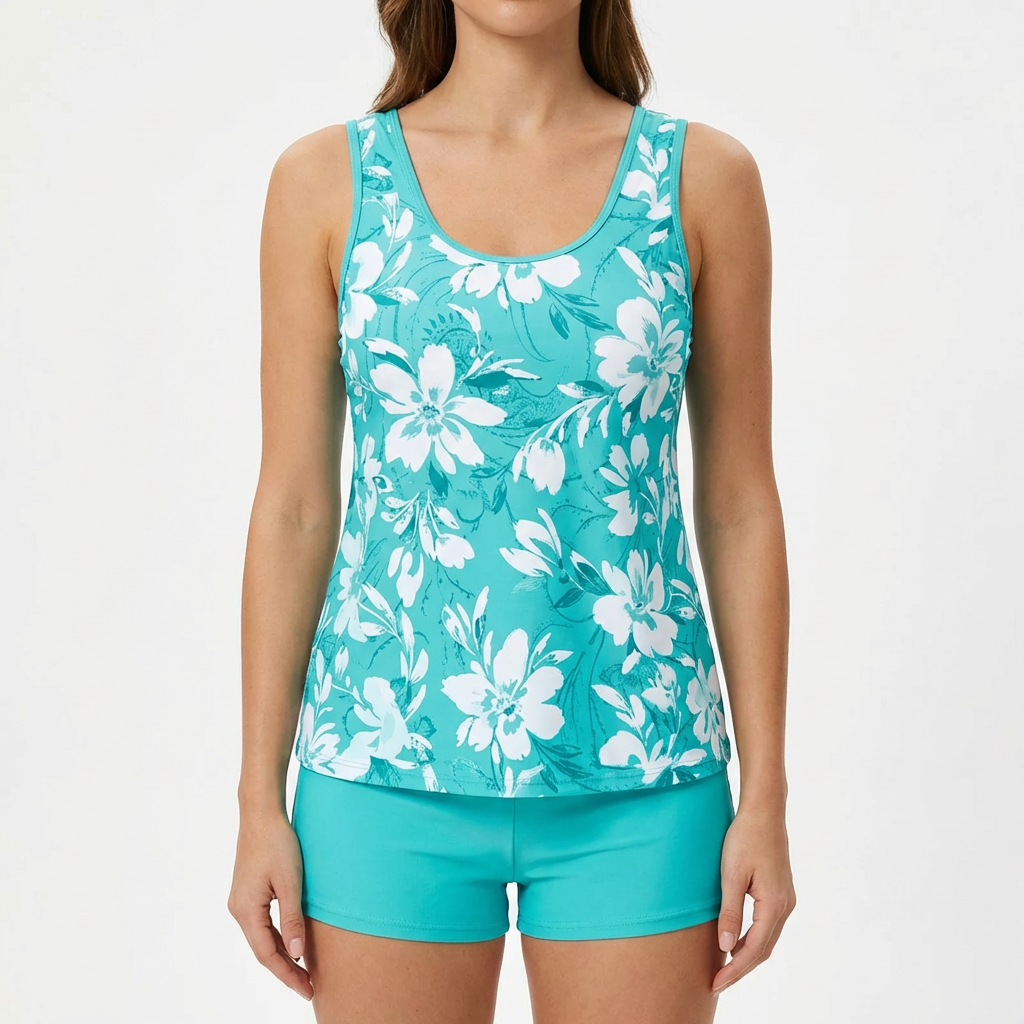 Maiô Tankini com Túnica Fluida Estampada e Parte de Baixo Short de Maiô