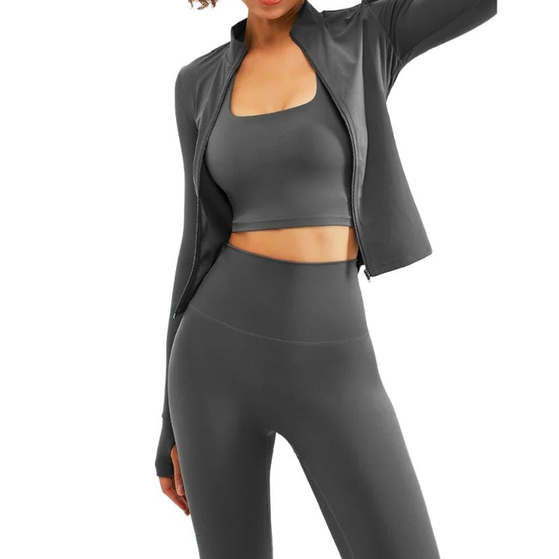 Ensemble de yoga 3 pièces pour femme avec veste zippée et legging taille haute