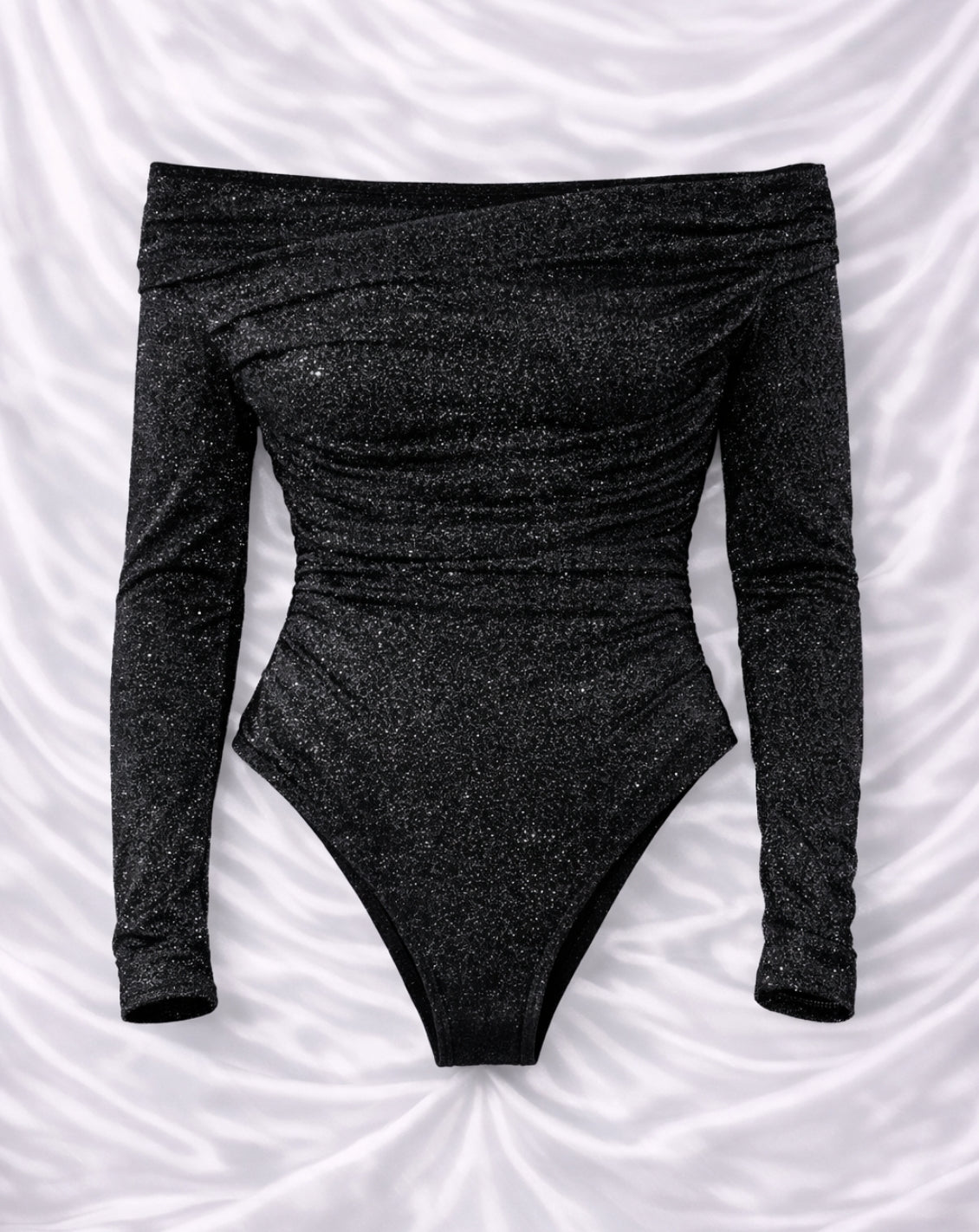 Body a maniche lunghe in maglia metallica con scollo Bardot