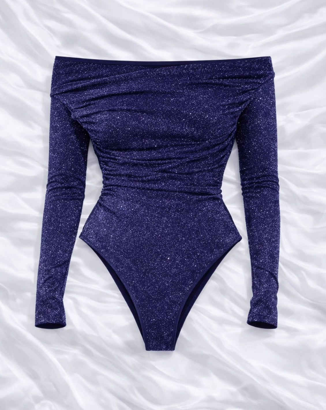 Body a maniche lunghe in maglia metallica con scollo Bardot