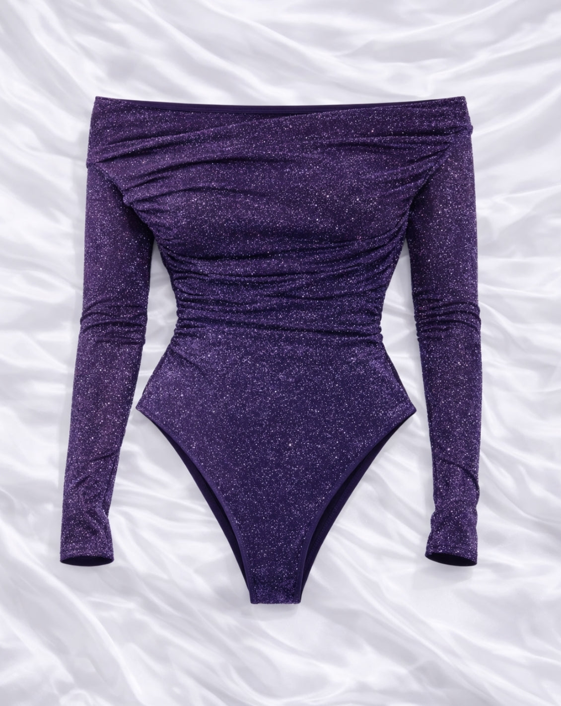 Body a maniche lunghe in maglia metallica con scollo Bardot