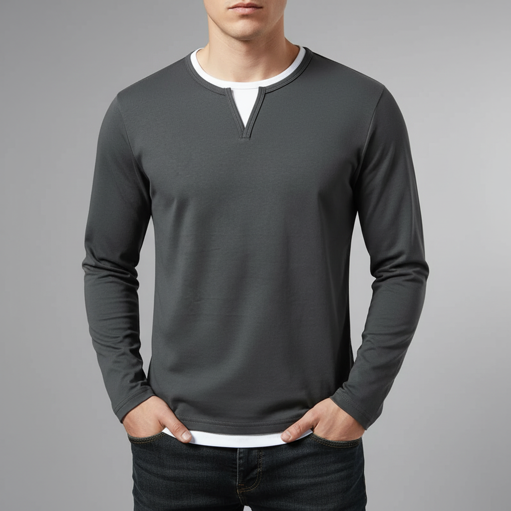 Camiseta de hombre casual de manga larga, cuello redondo, corte holgado y efecto bicolor