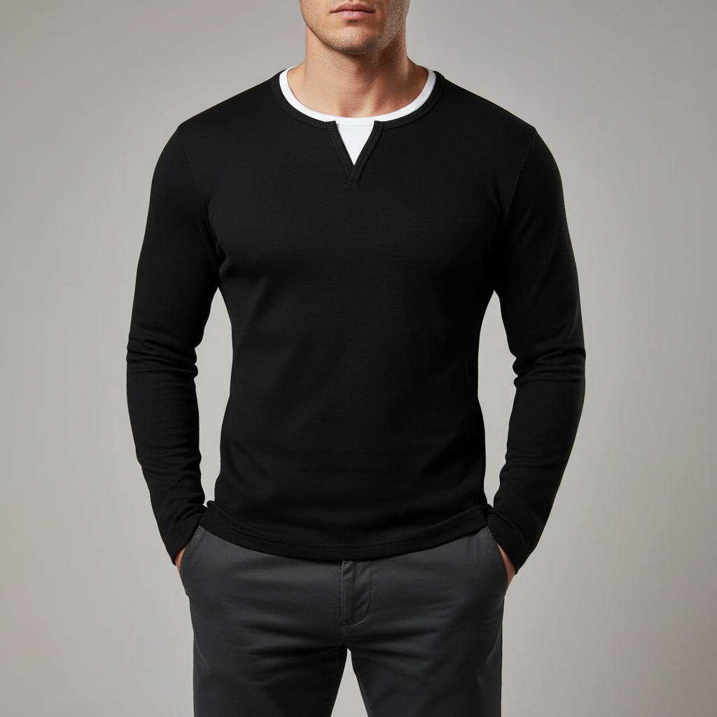 Camiseta de hombre casual de manga larga, cuello redondo, corte holgado y efecto bicolor