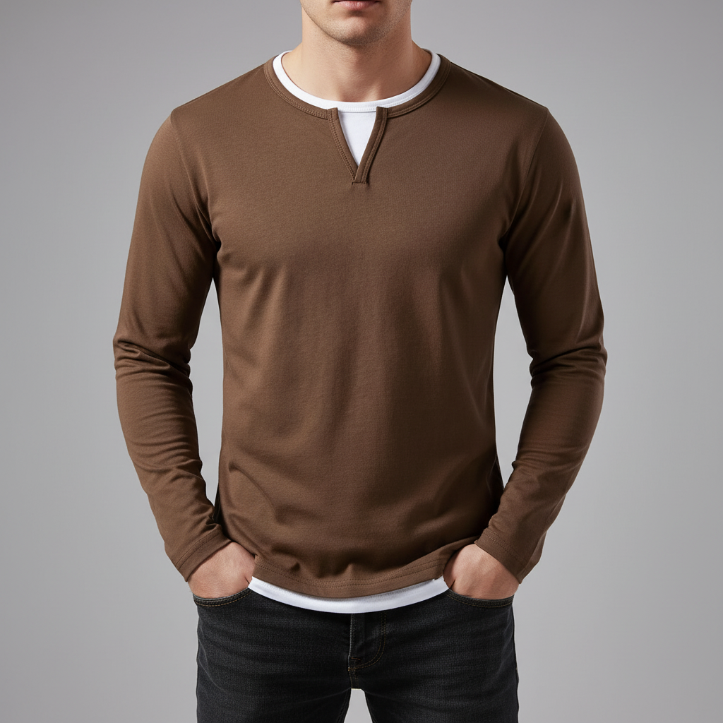 Camiseta de hombre casual de manga larga, cuello redondo, corte holgado y efecto bicolor