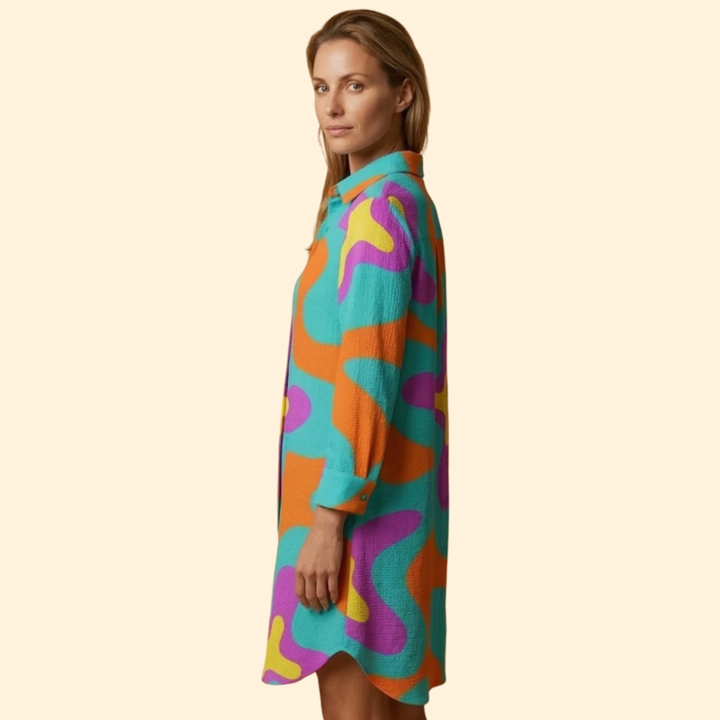 Chemise de Plage Saída de Praia Feminina com Abotoamento Central e Gola Clássica