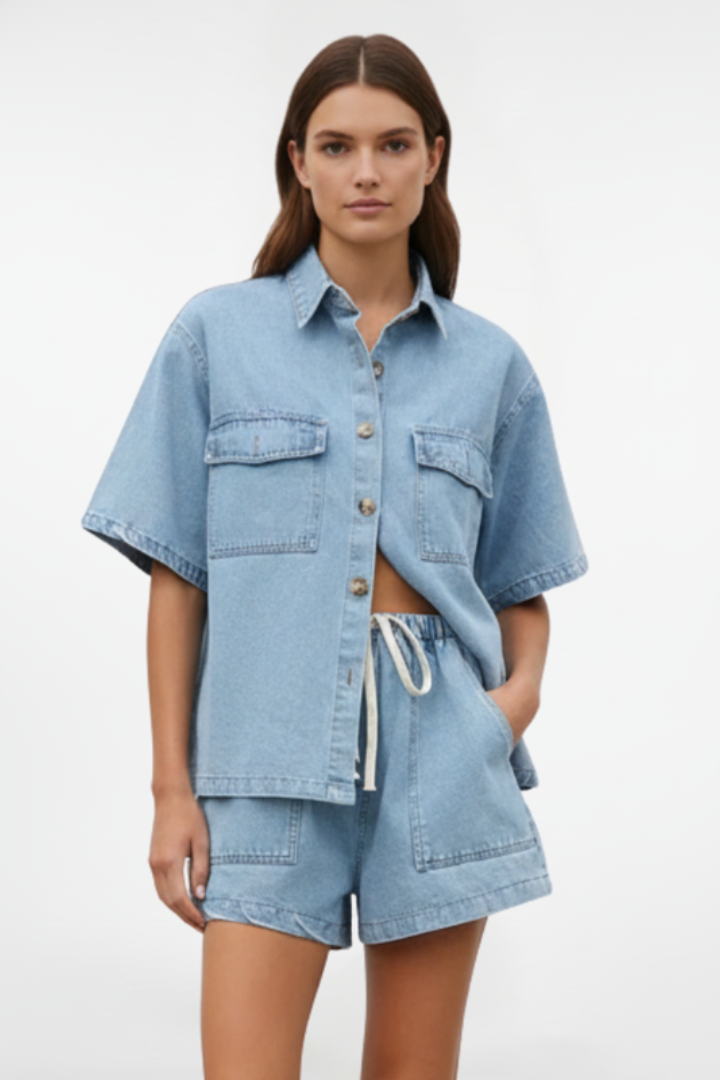 Women's Two-Piece Set with Short-Sleeve Shirt and Shorts