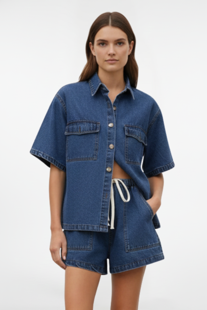 Women's Two-Piece Set with Short-Sleeve Shirt and Shorts