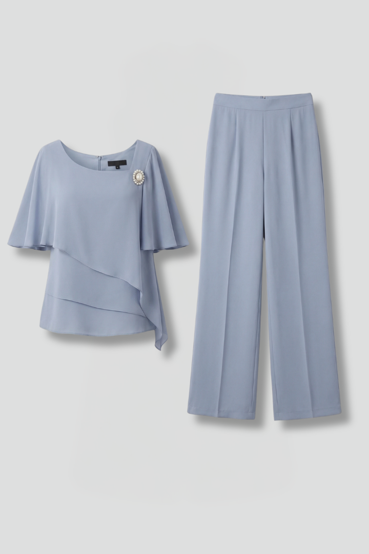 Two-piece women's set | straight pants and layered flowy top | office