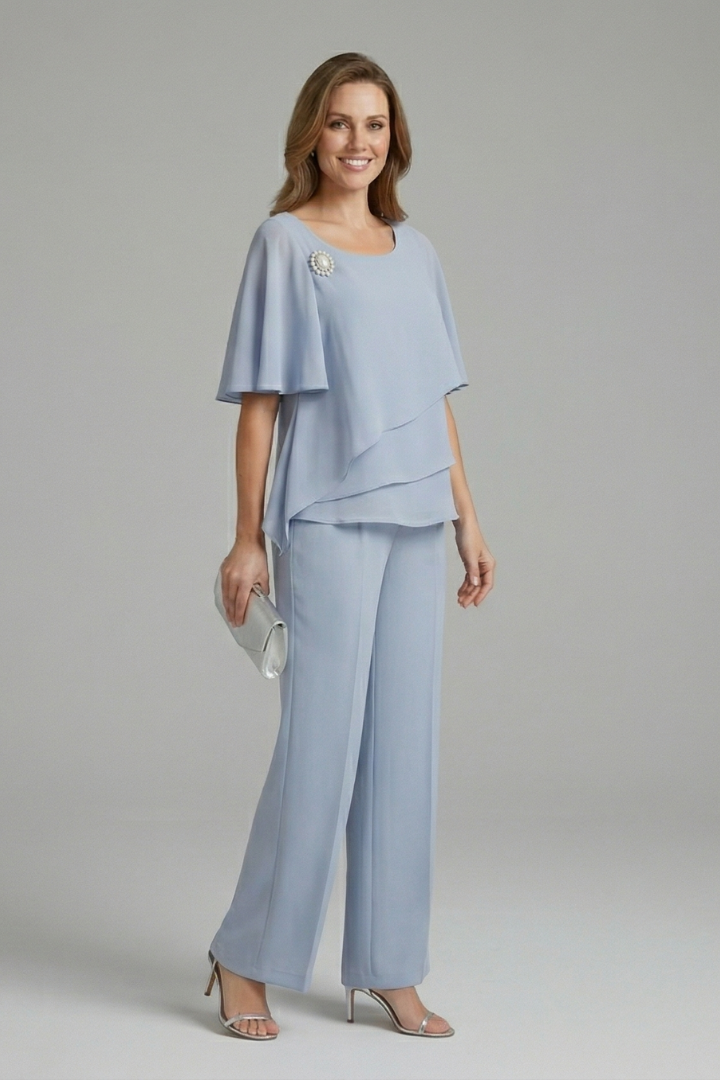 Two-piece women's set | straight pants and layered flowy top | office