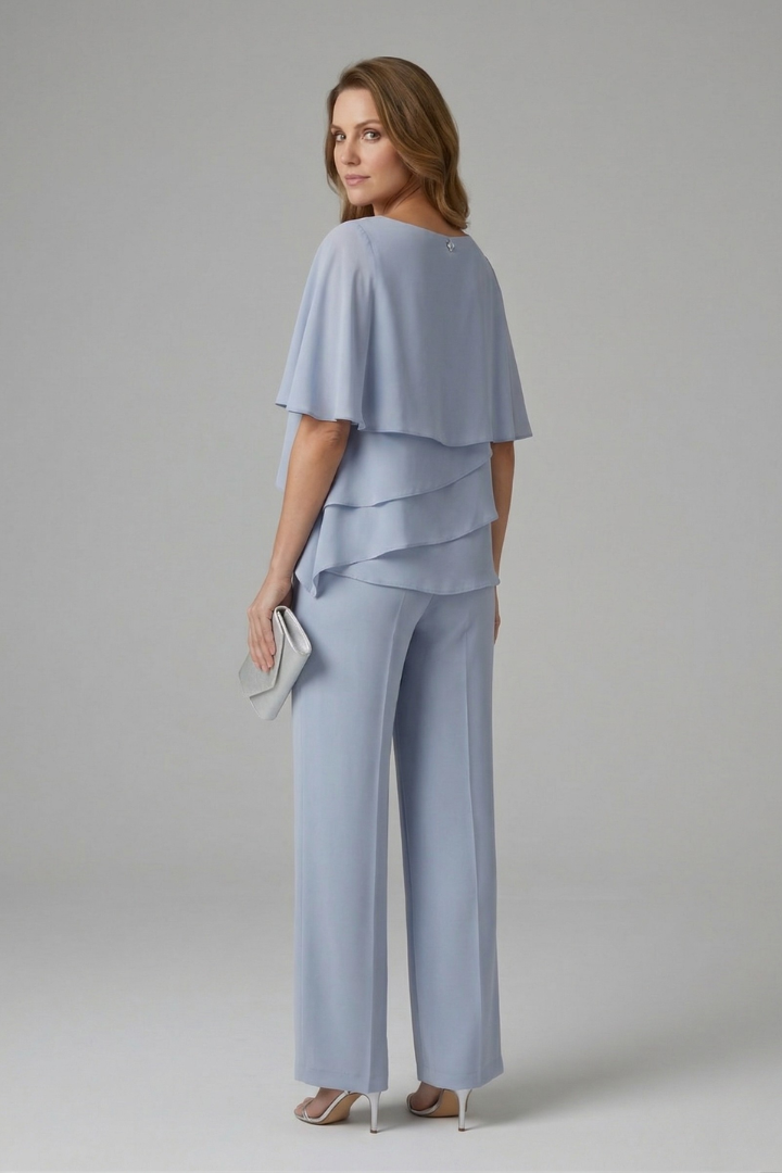 Two-piece women's set | straight pants and layered flowy top | office