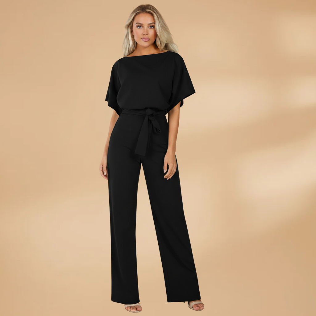 Women's jumpsuit — flared outfit with tie belt | office