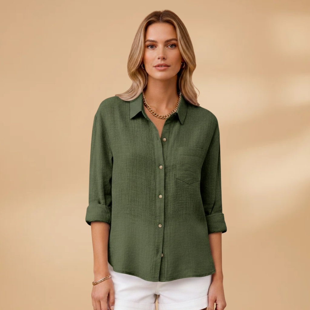 Short-sleeve blouse for women — fitted top with button placket | office V