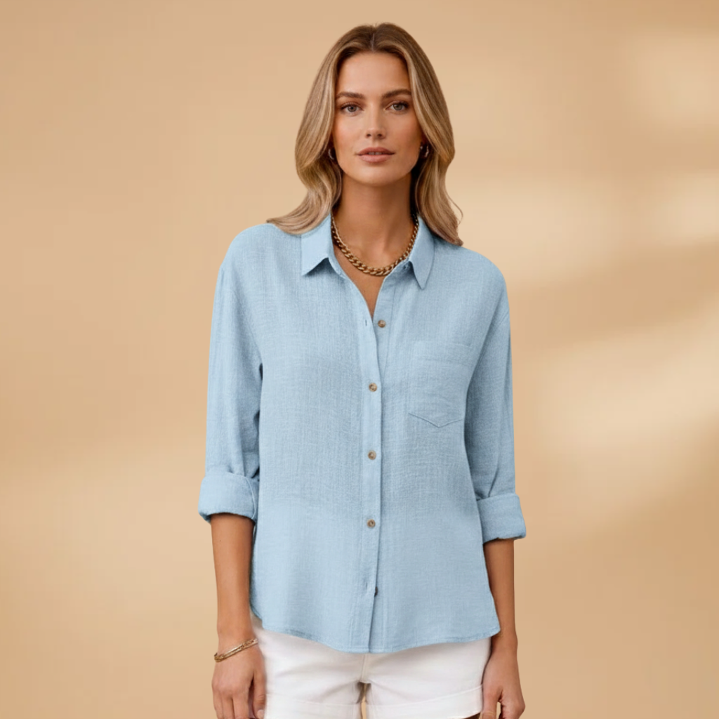Short-sleeve blouse for women — fitted top with button placket | office V