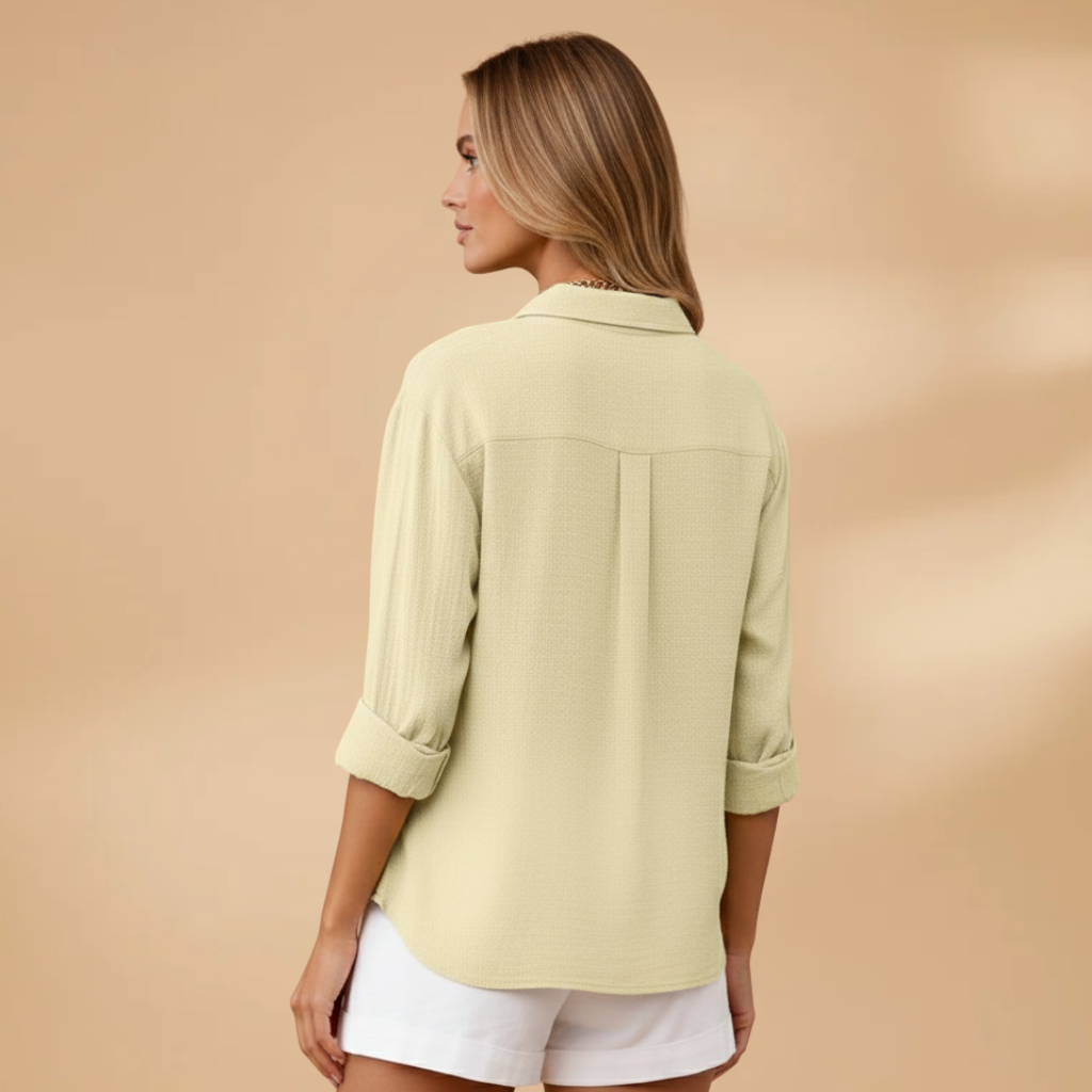 Short-sleeve blouse for women — fitted top with button placket | office V