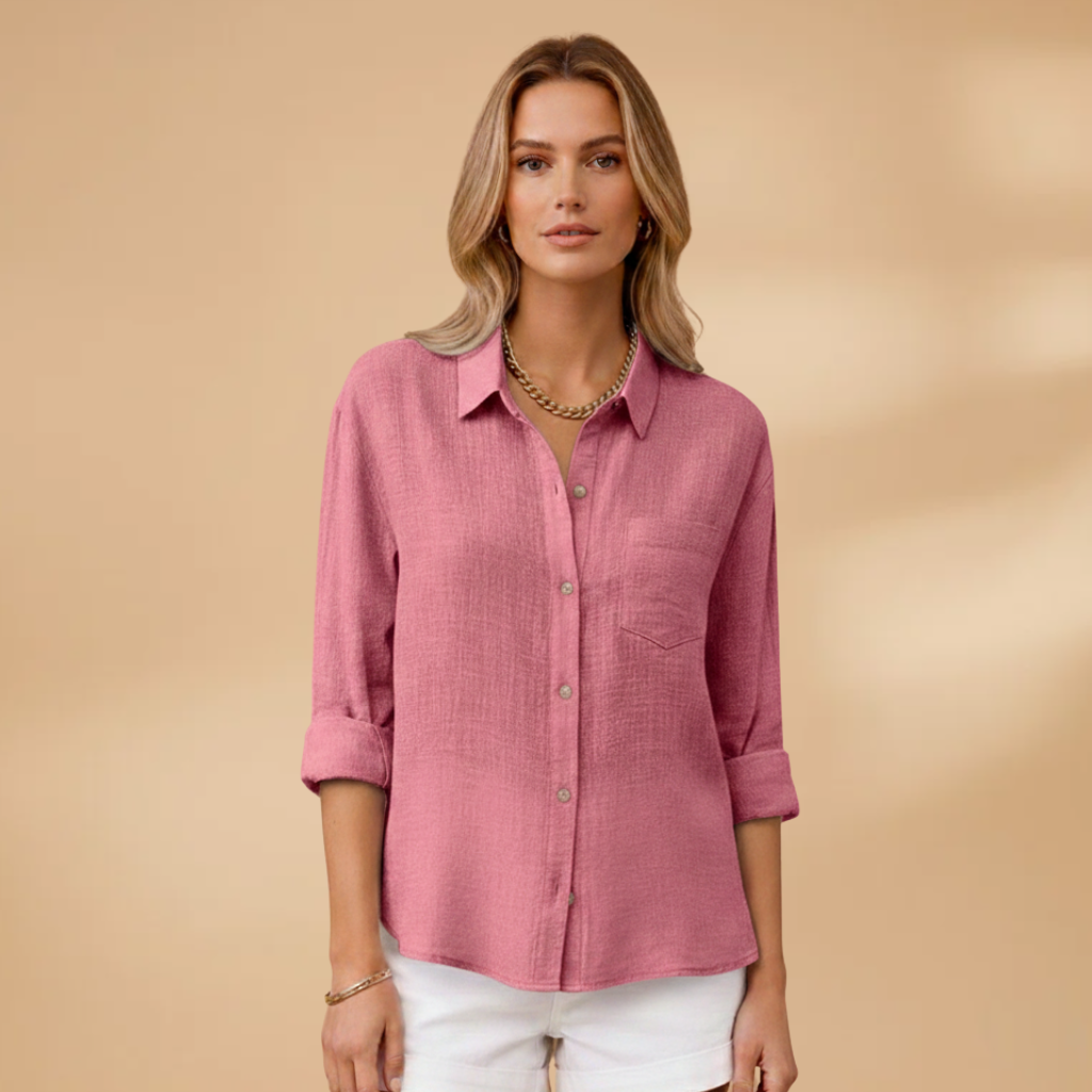 Short-sleeve blouse for women — fitted top with button placket | office V