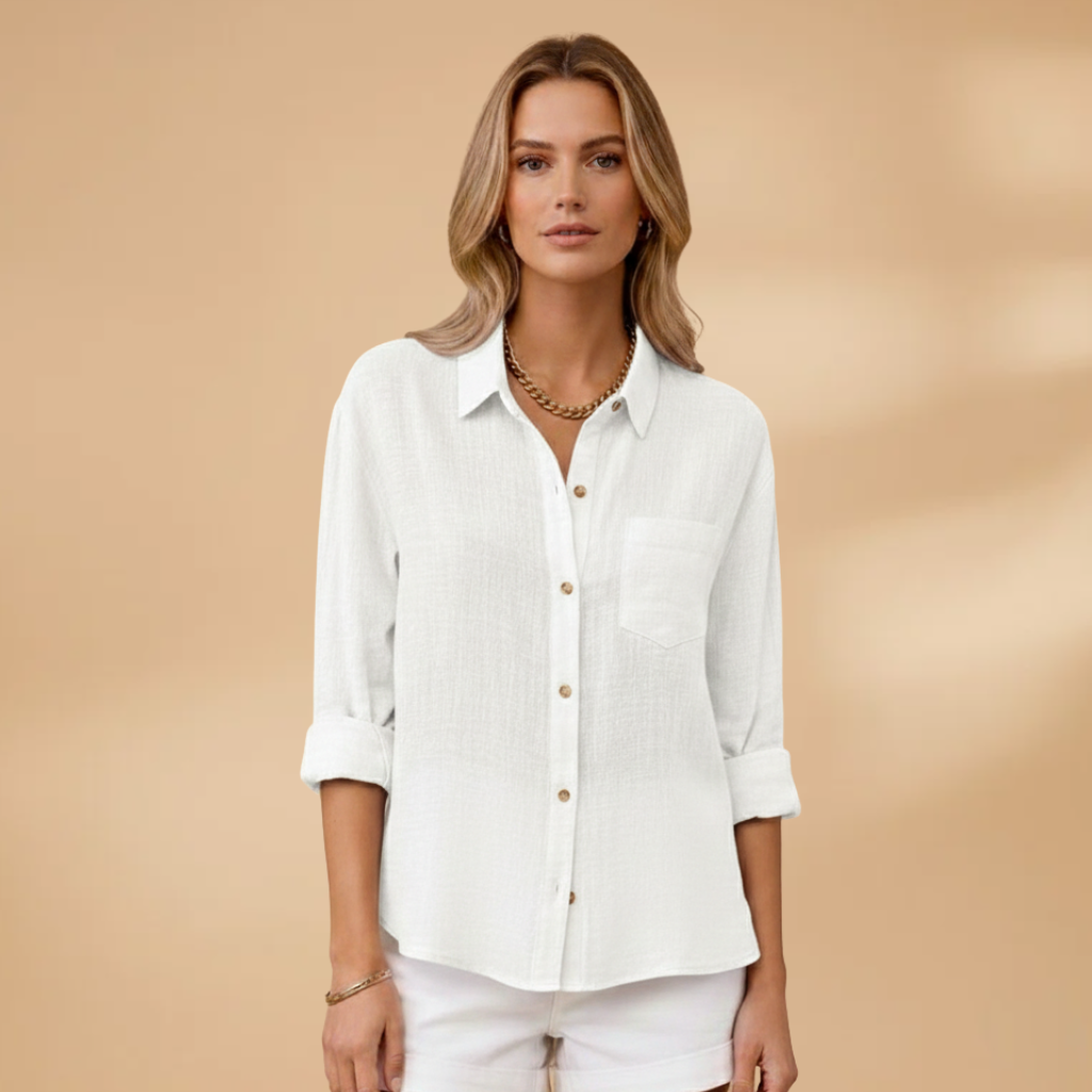 Short-sleeve blouse for women — fitted top with button placket | office V