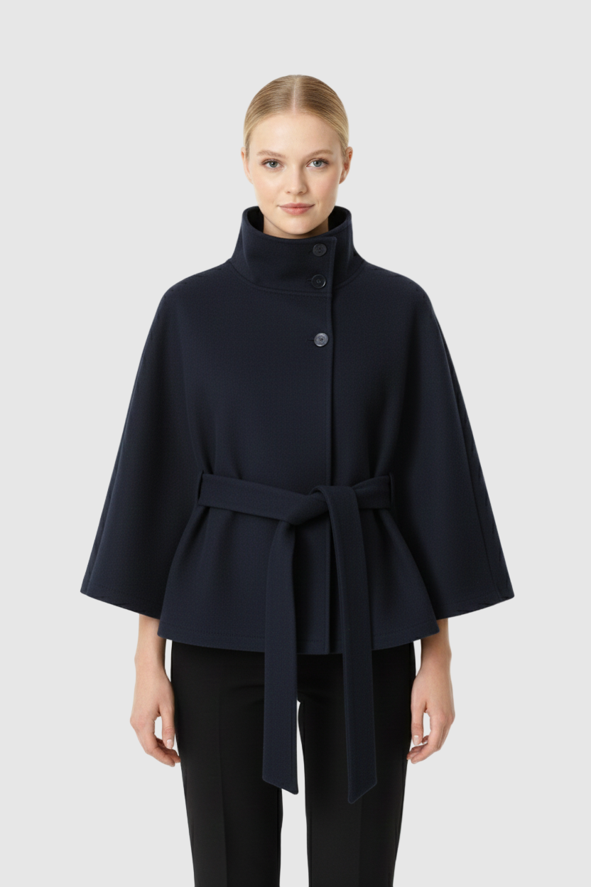 Manteau laine femme col haut élégant avec ceinture amovible coupe décontractée
