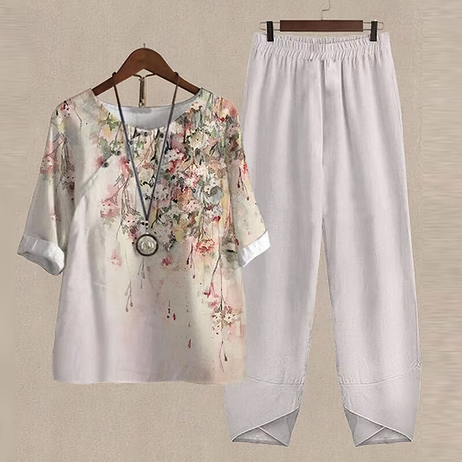 Ensemble Deux Pièces pour Femme avec Haut à Imprimé Floral et Pantalon à Taille Haute