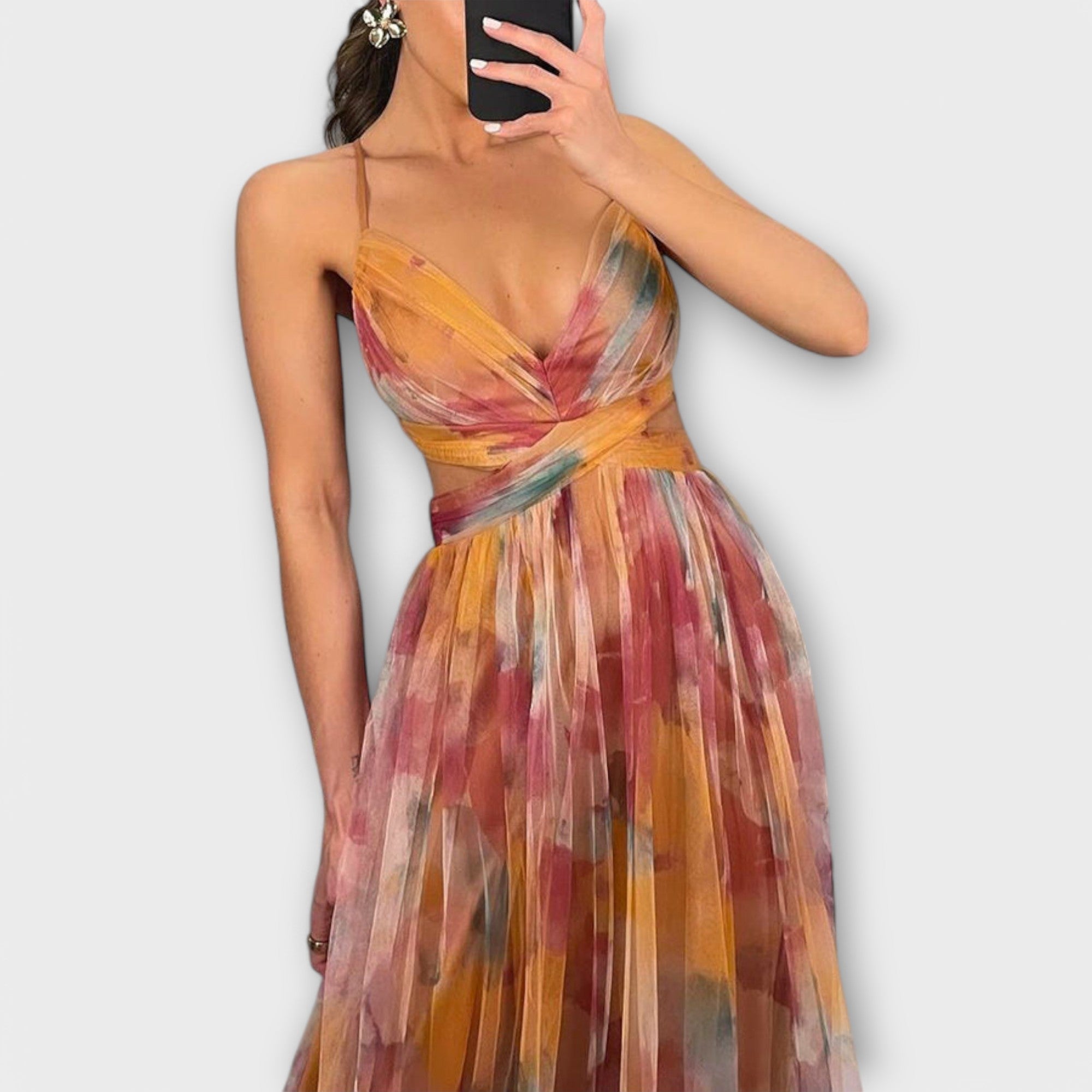 Lang blomsterprintet gallakjole med V-hals og taljeret pasform