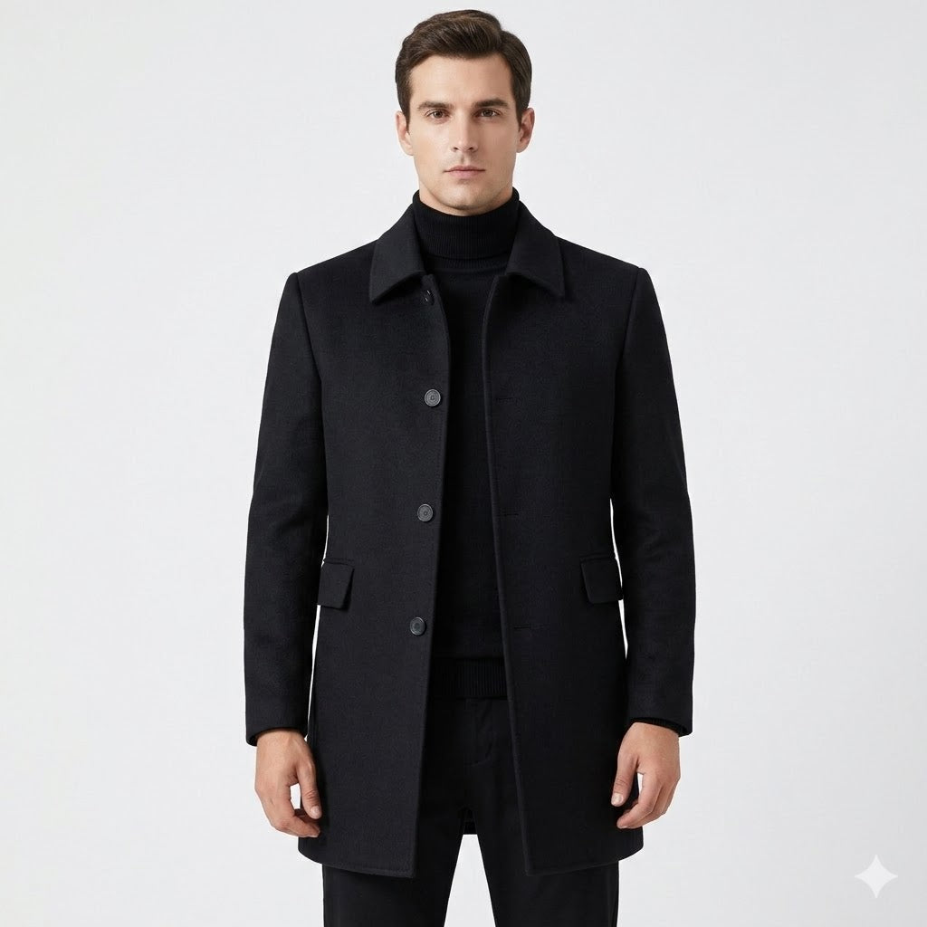 Herrefrakke til kontoret i uldblanding med figursyet snit, klassisk krave, knaplukning og elegant stil