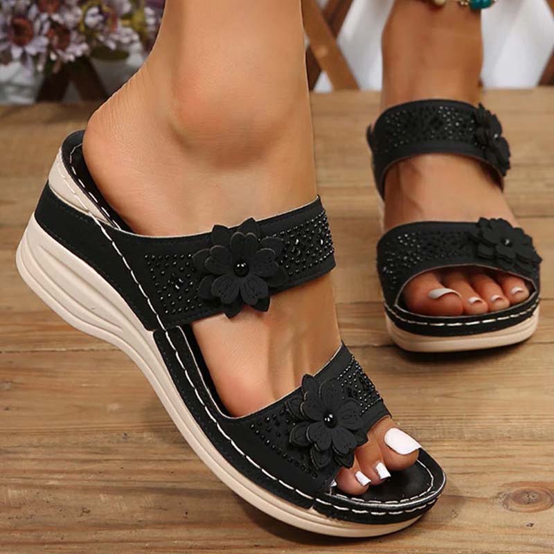 Sandali con zeppa da donna zoccoli retrò in similpelle floreale