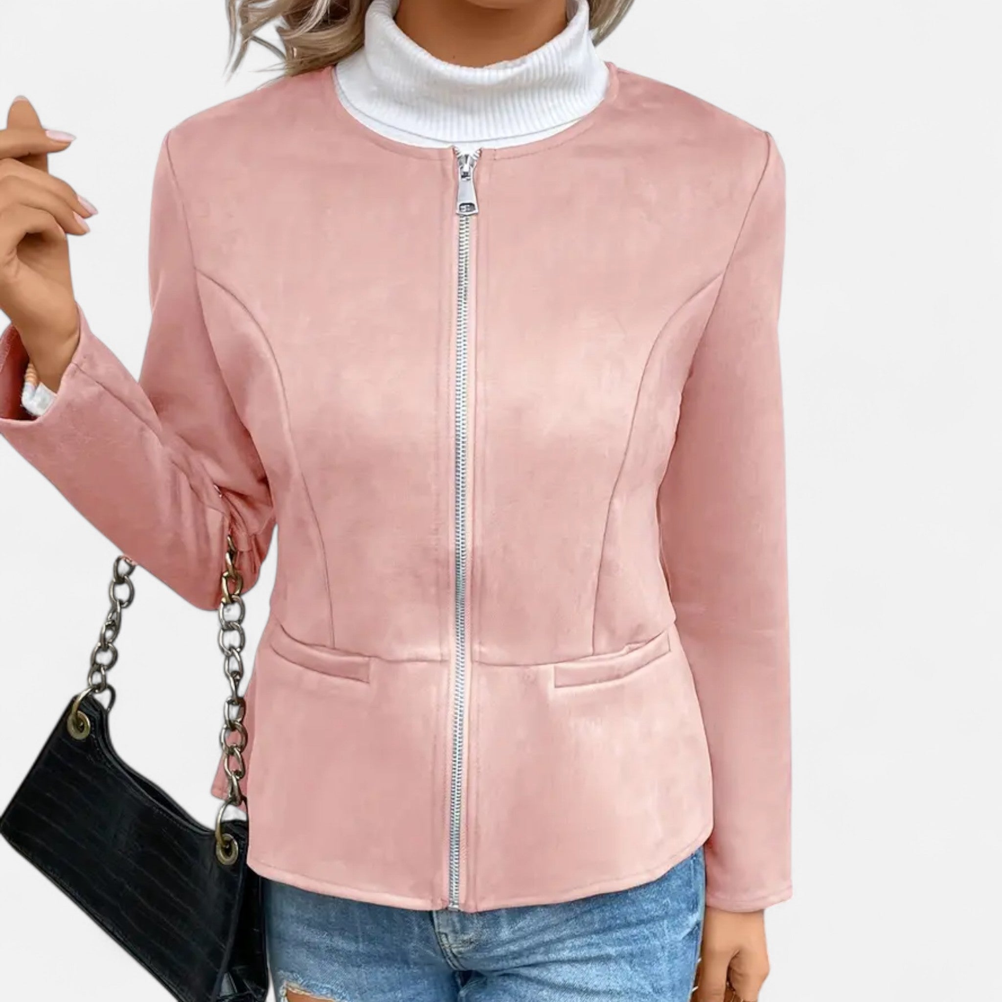 Velclairemode | Women's Short Zip-Up Jacket with Elegant Round Neck
