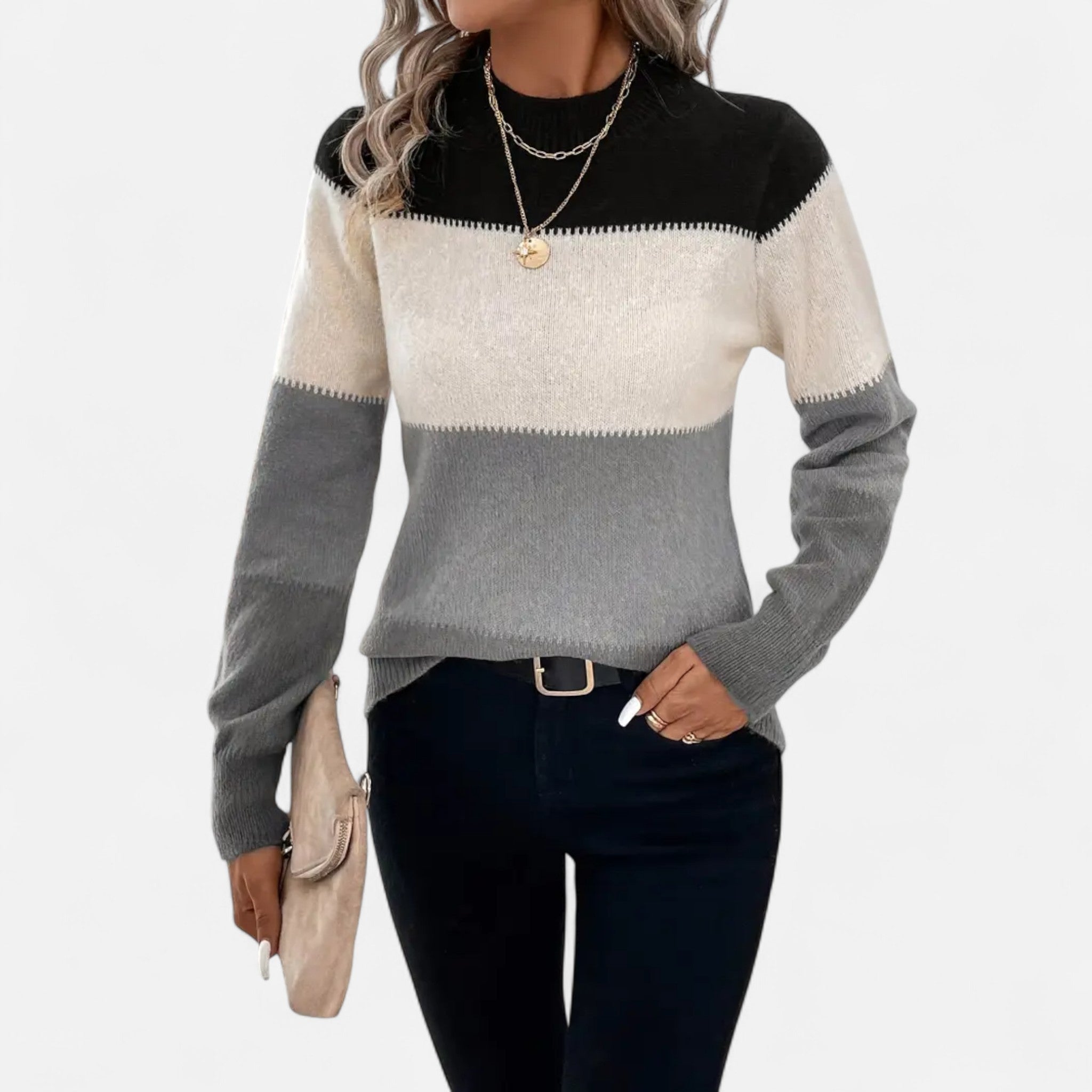Velclairemode | Women's Color Block Stand-Up Collar Sweater for Fall-Winter