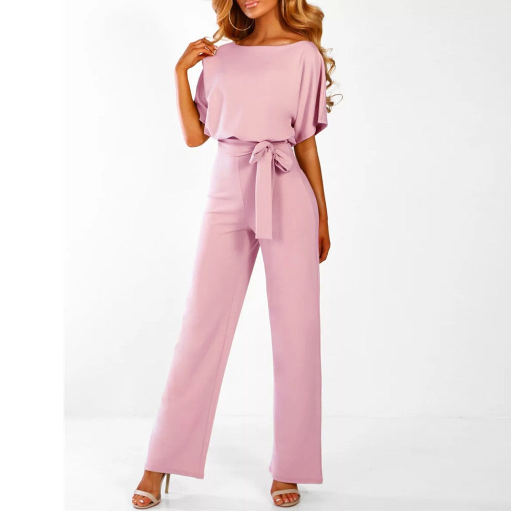 Salopetă pantalon larg damă — talie cu curea și mâneci scurte