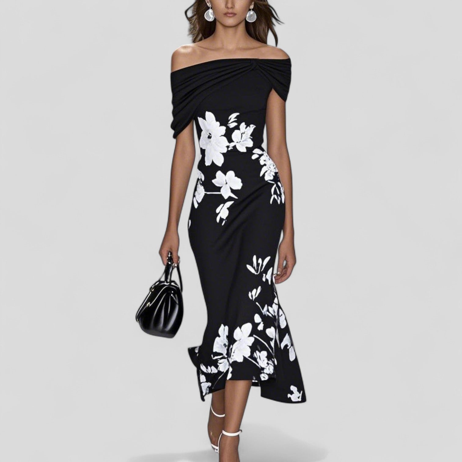 Robe Mi-Longue Imprimée à Épaules Dénudées et Coupe Ajustée pour Femme