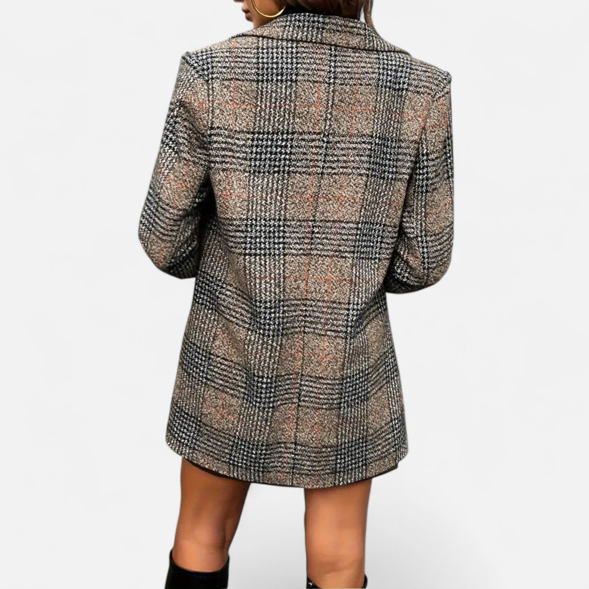 Velclairemode | Women's Elegant Double-Breasted Plaid Coat