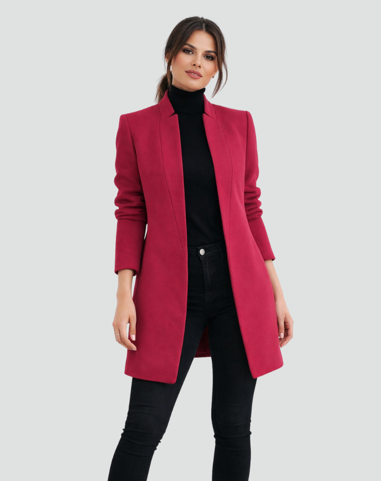 Abrigo largo de mujer para oficina, cálido, elegante, clásico, con cuello redondo, forrado y con bolsillos.