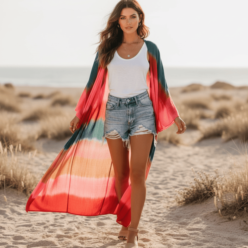 Kimono de praia para mulheres — saída de praia listrada — férias de verão