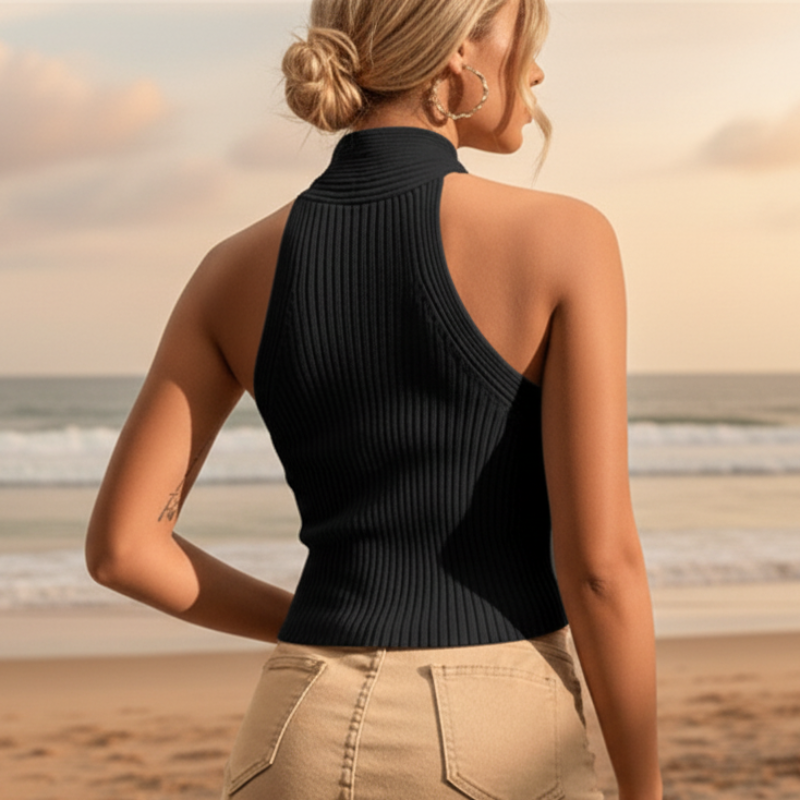 Top cropped com alças cruzadas para mulher em malha canelada — praia