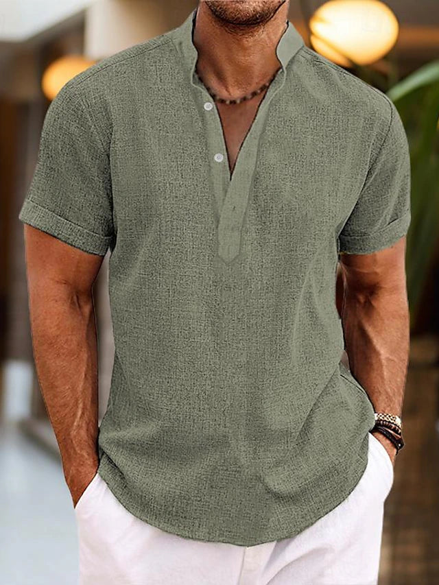 Chemise homme lin et coton col Henley manches courtes respirante
